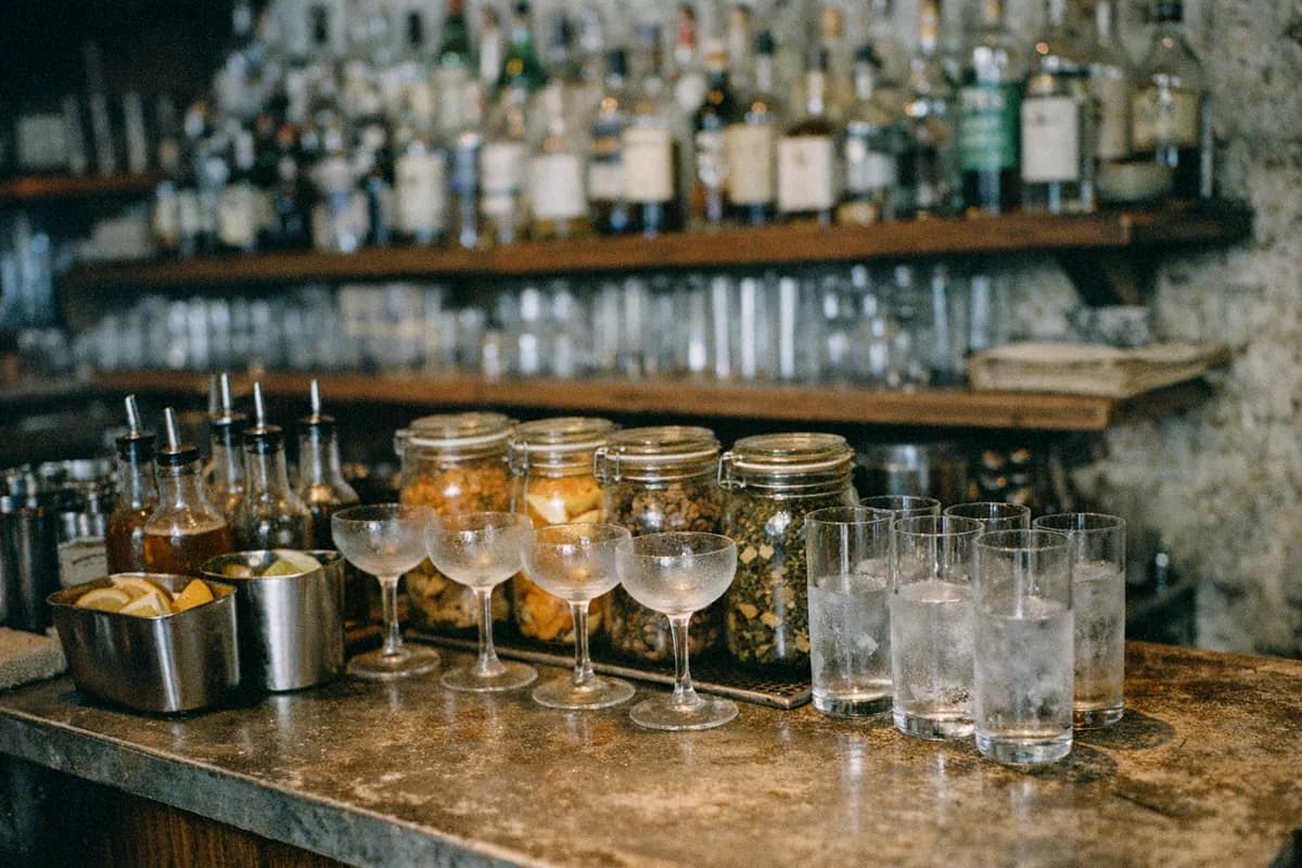 Back-bar shelves and mise-en-place at Super Lyan showing bottles, jars of garnishes, and prep trays on the service counter.