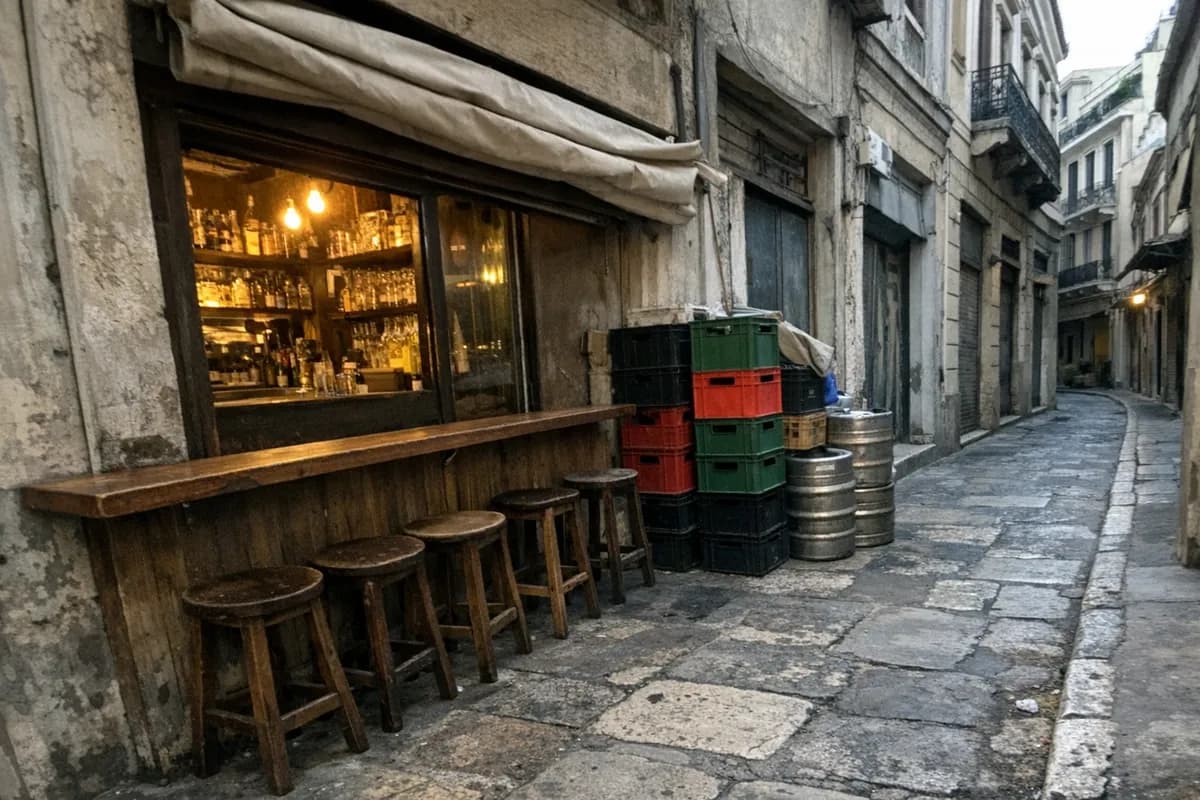 Empty Petraki street frontage showing the street-bar ledge and stools at Monastiraki, Athens.