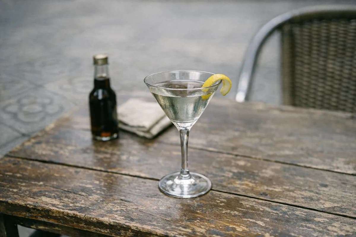 A martini in a V-shaped glass on a scuffed wooden terrace table at 14 De La Rosa in Gràcia, Barcelona.