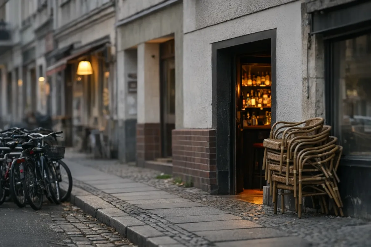 Empty evening view of Weserstrasse in Neukölln's Reuterkiez, with narrow shopfronts and a recessed doorway where Wax On is located.