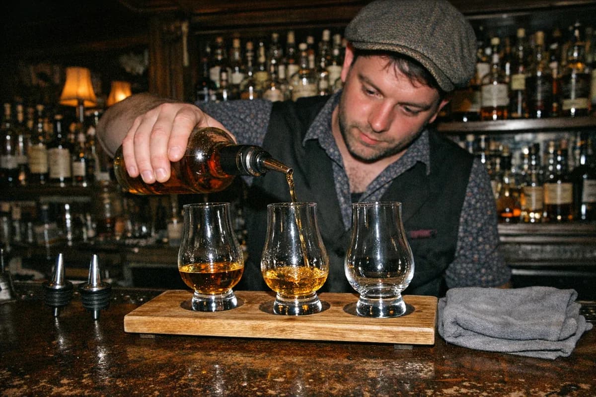 Bartender pouring three neat whiskies into Glencairn glasses on the counter at Panda & Sons, Queen Street, Edinburgh.