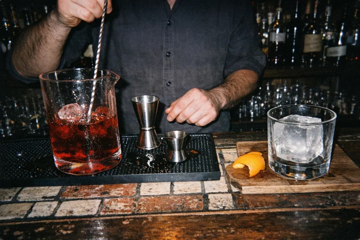 A Negroni being stirred in a mixing glass on the bar at L'Antiquario, Chiaia, with jigger, orange peel and a waiting rocks glass.