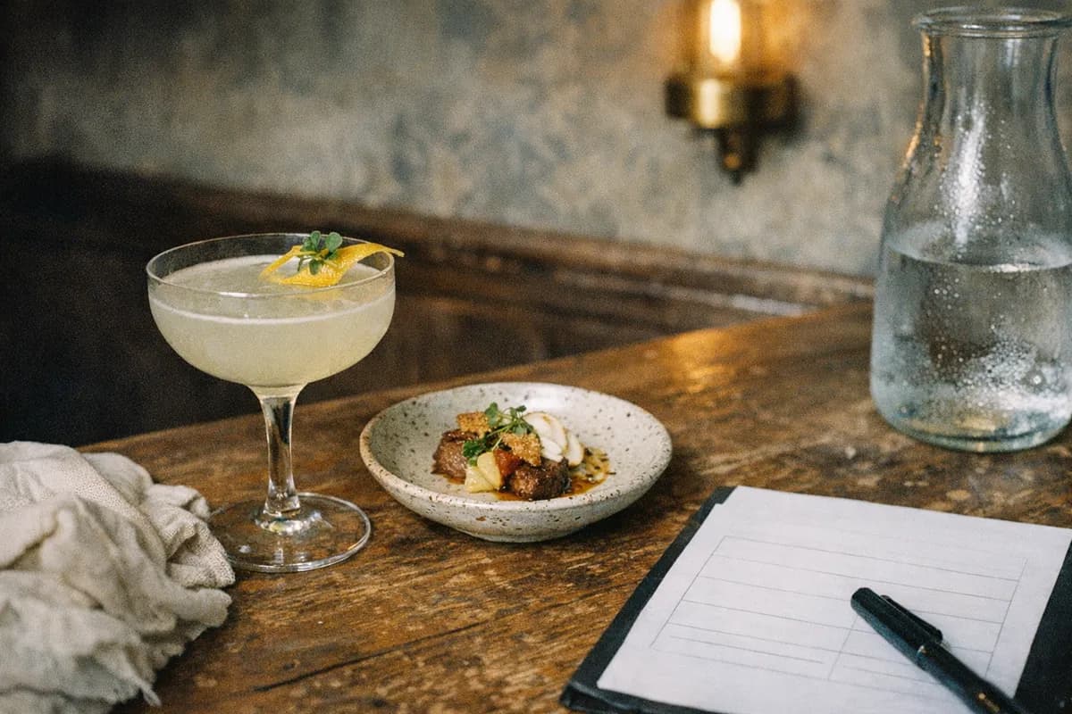 Close-up tasting setup at Alma Prague: a coupe cocktail, a small kitchen sample plate, a blank scoring sheet and pen on a wooden table, interwar cinema decor blurred behind.