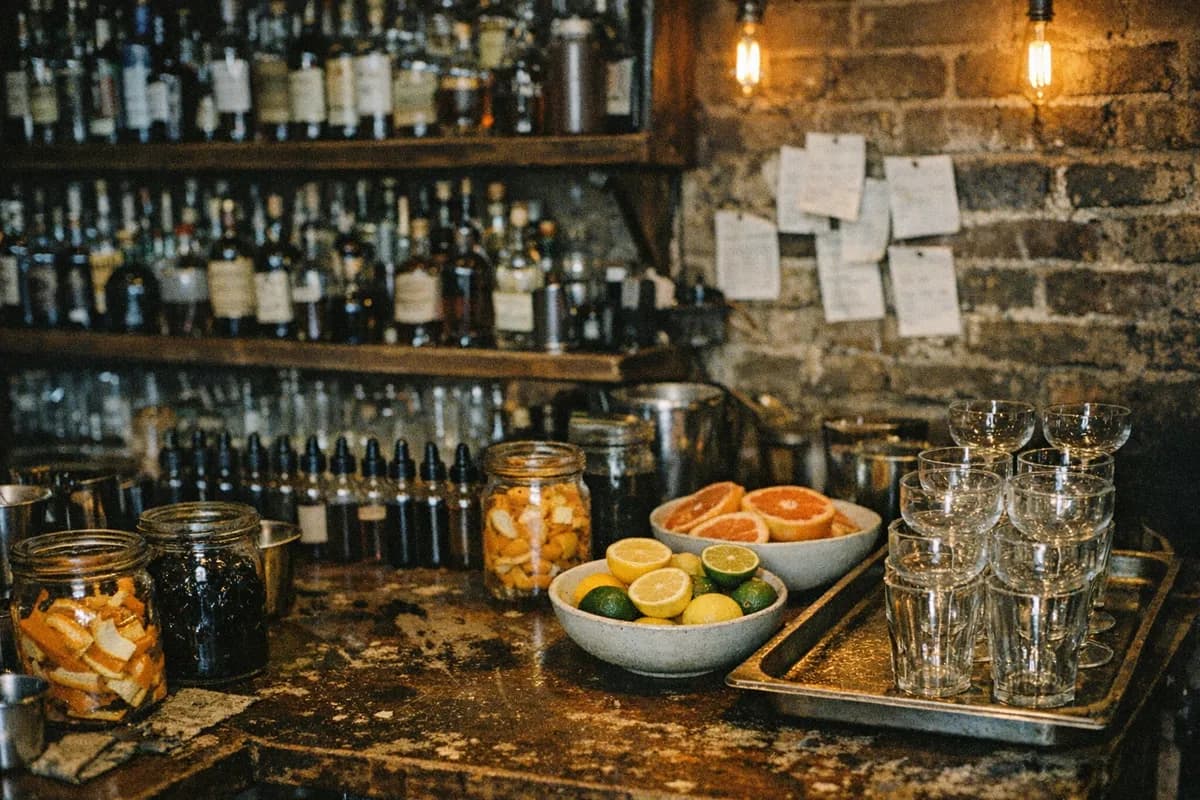 Back-bar and prep counter with bottles, jars of citrus, and stacked glassware at Satan's Whiskers in Bethnal Green, London.
