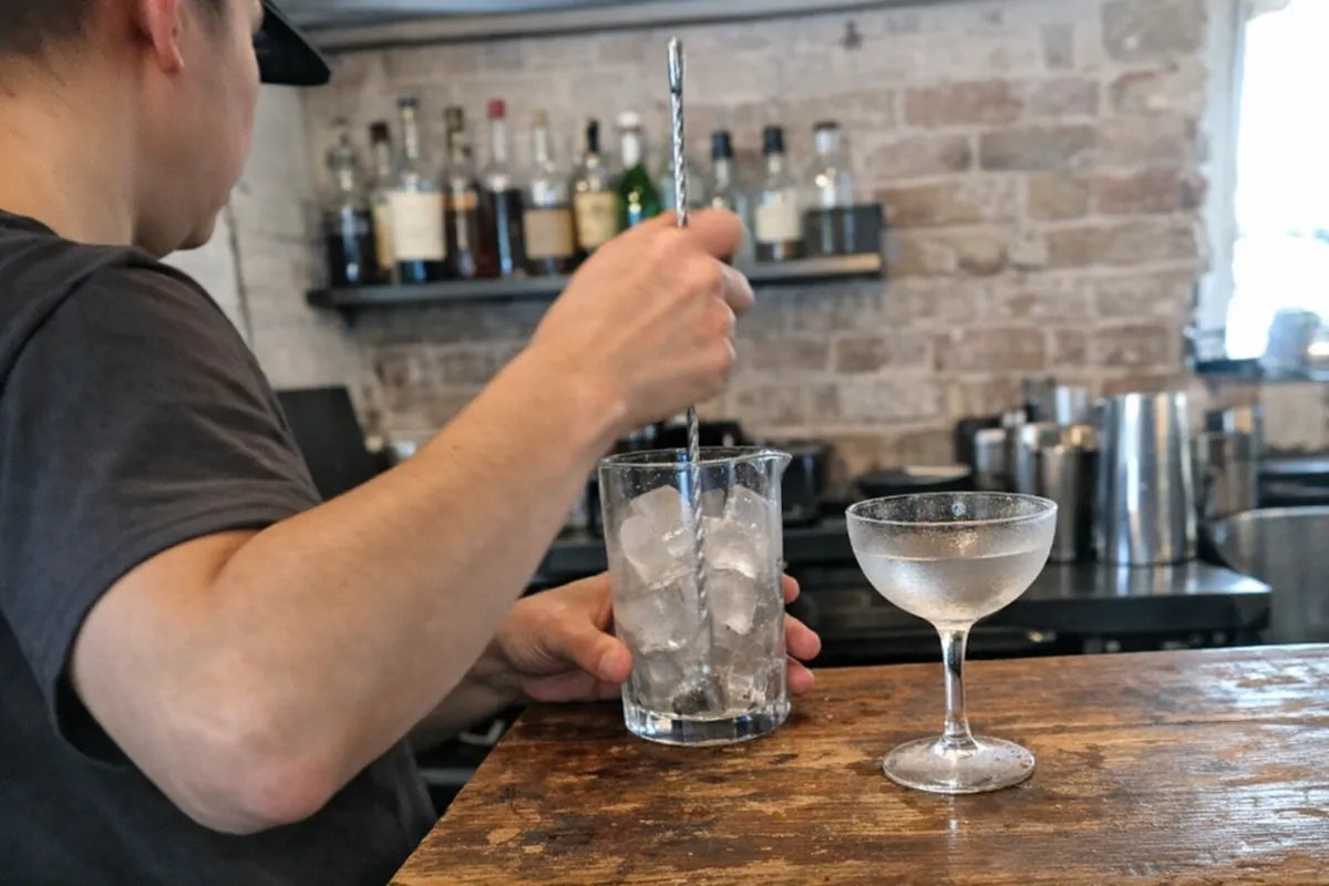 Pair of hands stirring a mixing glass on a Shoreditch bar counter at Tayer + Elementary.