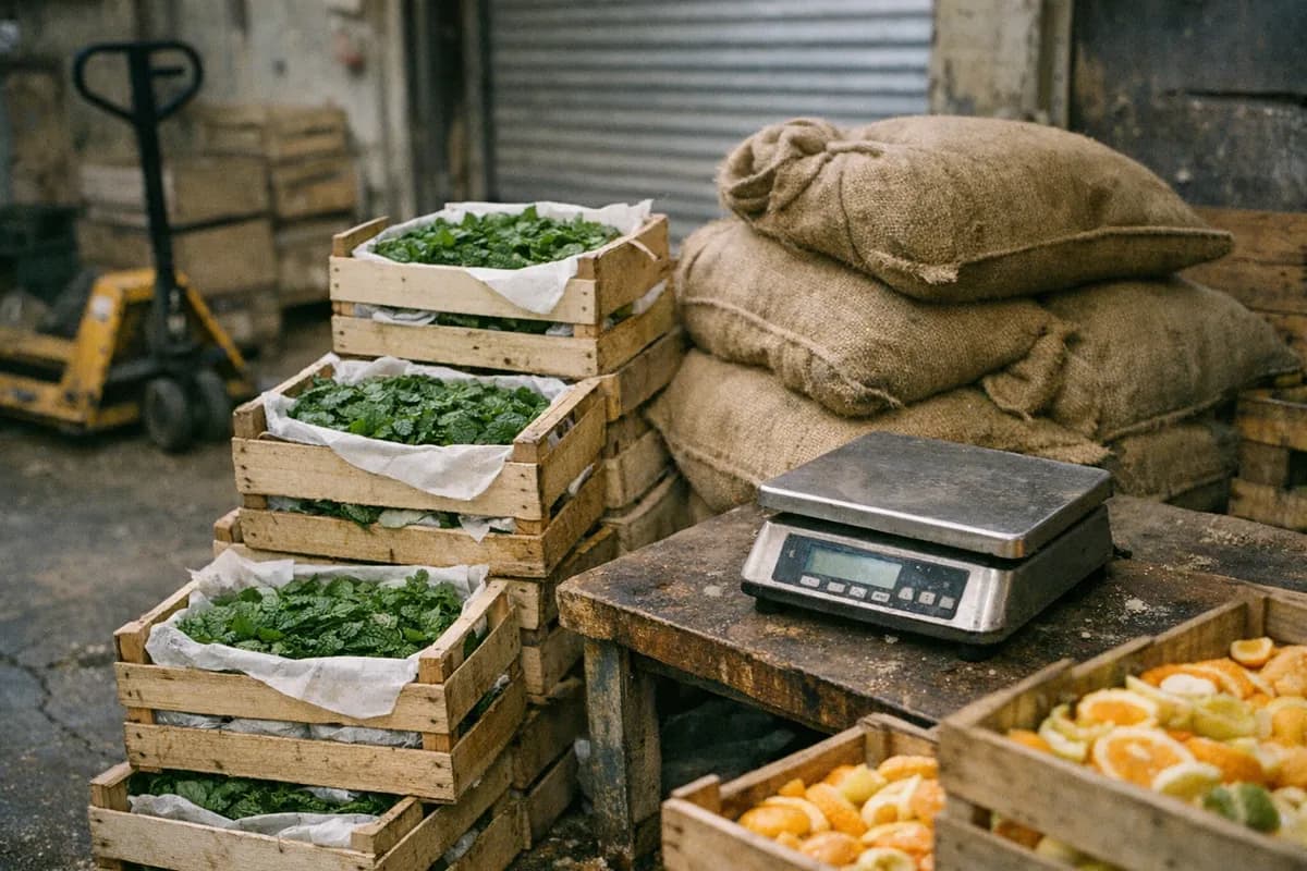 Stacked wooden crates of fresh cocktail herbs and a stainless-steel scale at rest in a supplier unit at Rungis wholesale market near Paris.