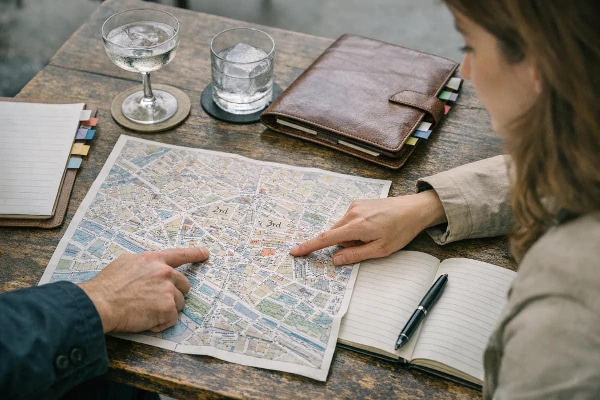 A planner's tabletop in Paris with two hands pointing at a folded map, a checklist, a coupe cocktail, and a rocks glass.