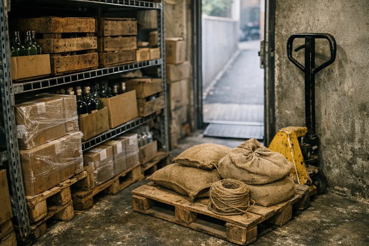 Wooden crates, sealed bottles and burlap sacks stacked on metal shelving in a Zurich cocktail-bar storeroom.