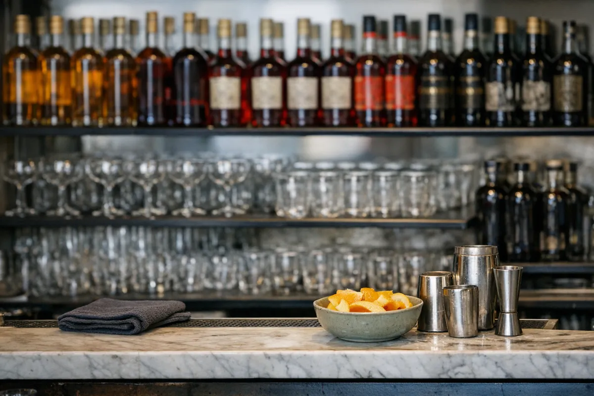 Back-bar shelving and prep counter at Late Bloomers in Zürich showing bottles, glassware and citrus prep.