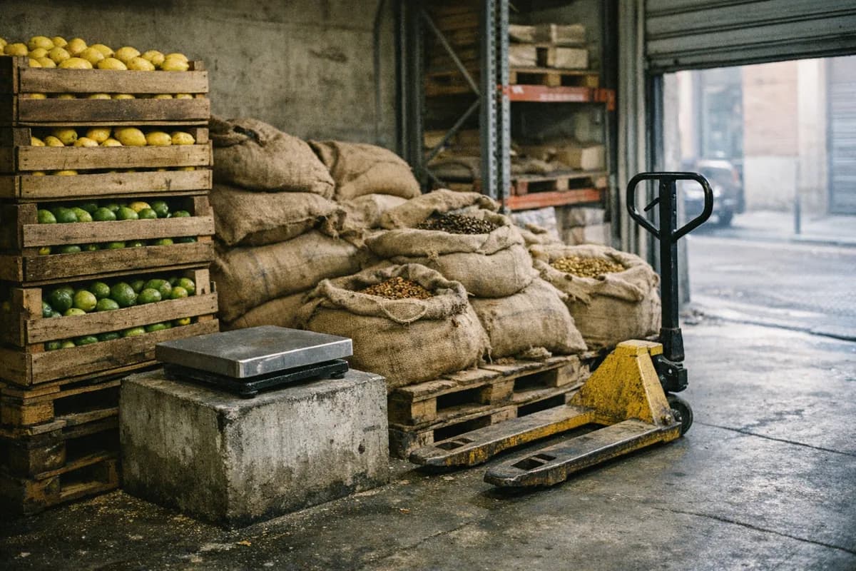 Stacked wooden crates of citrus and burlap sacks of botanicals in a Madrid supplier storeroom, with a stainless-steel scale and pallet truck at rest.