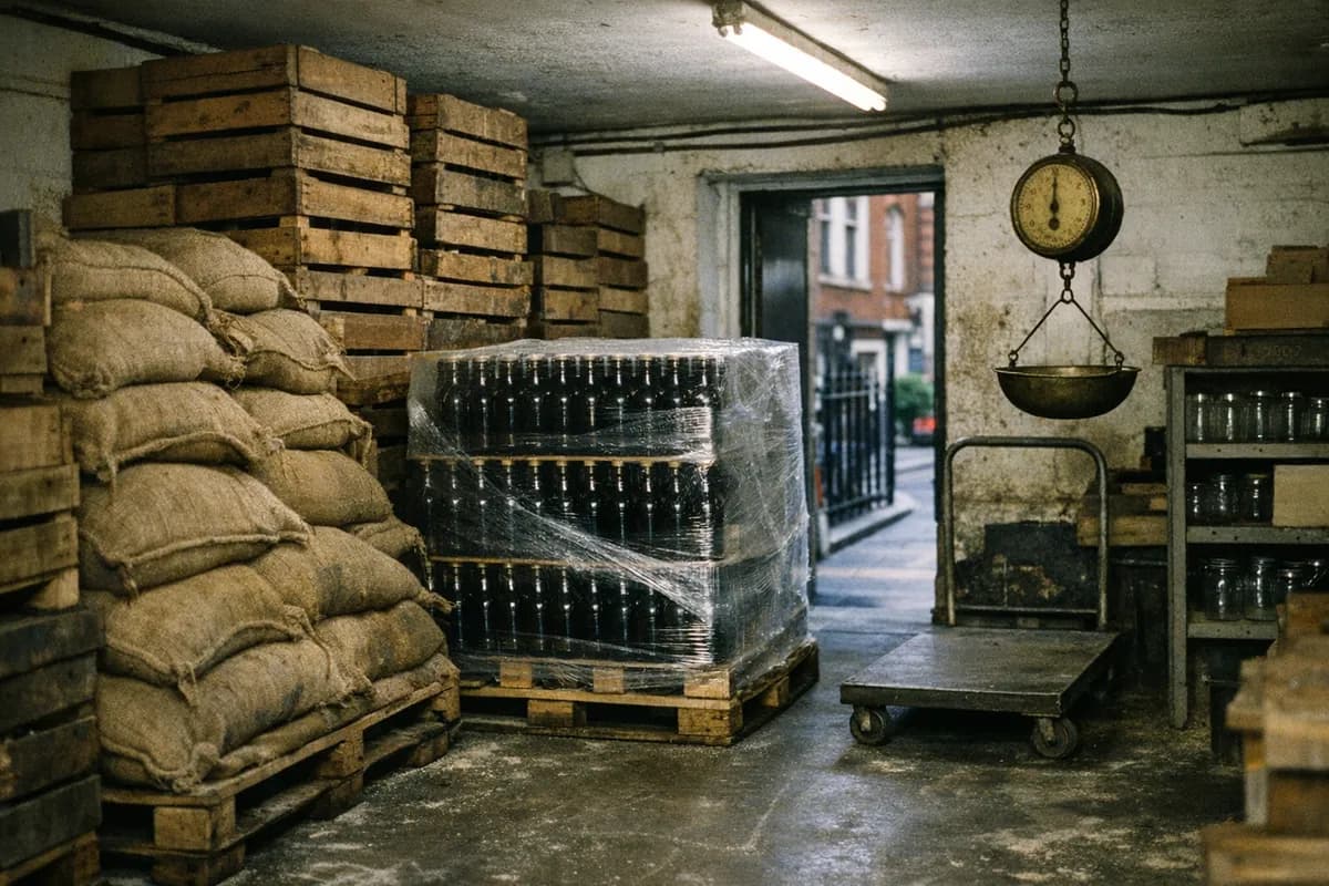 Wooden crates, jute sacks and a hanging scale in a London bar storeroom, crates and a trolley parked on a concrete floor.
