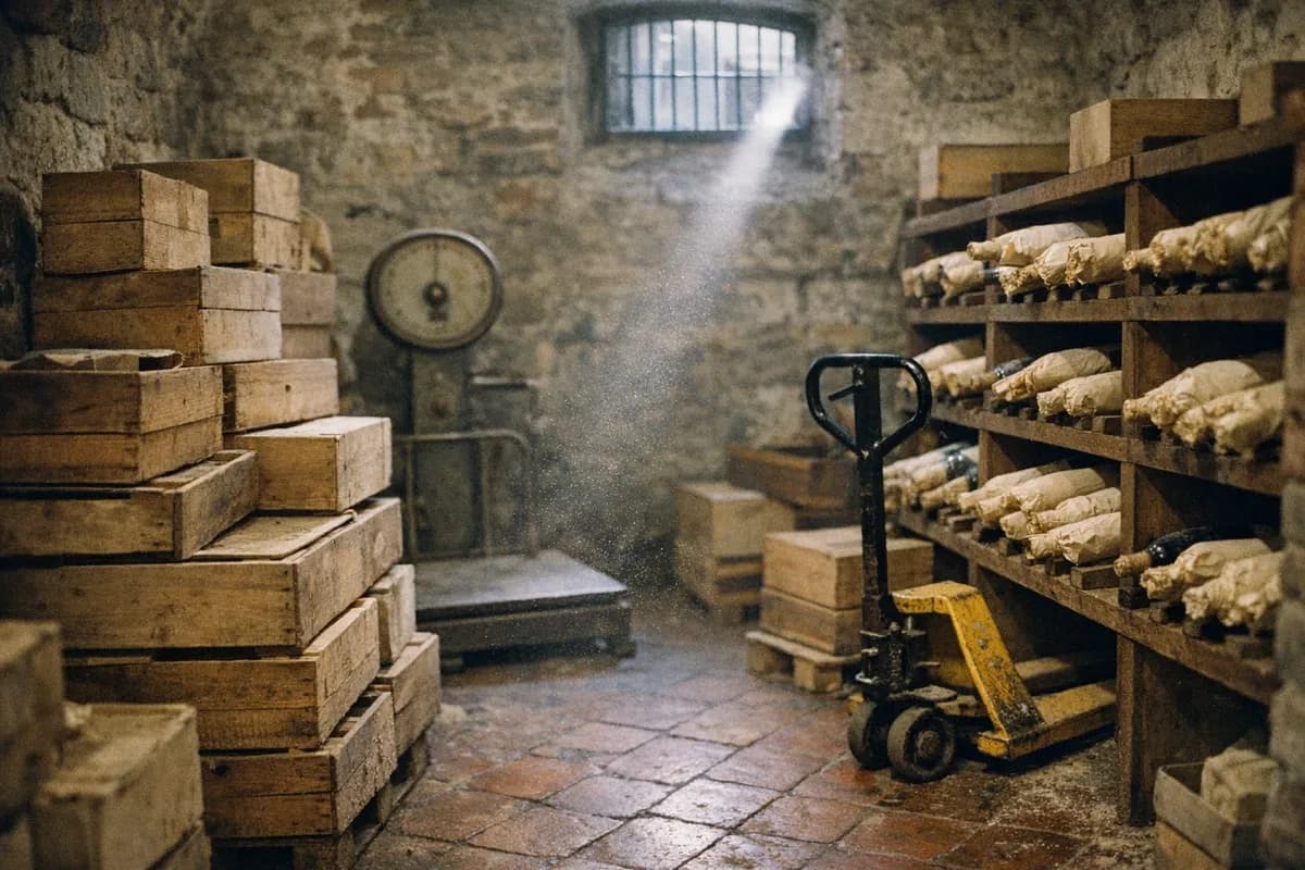 Wooden crates and oak racks of bottles in a cool enoteca back room in Florence, a scale and pallet at rest.