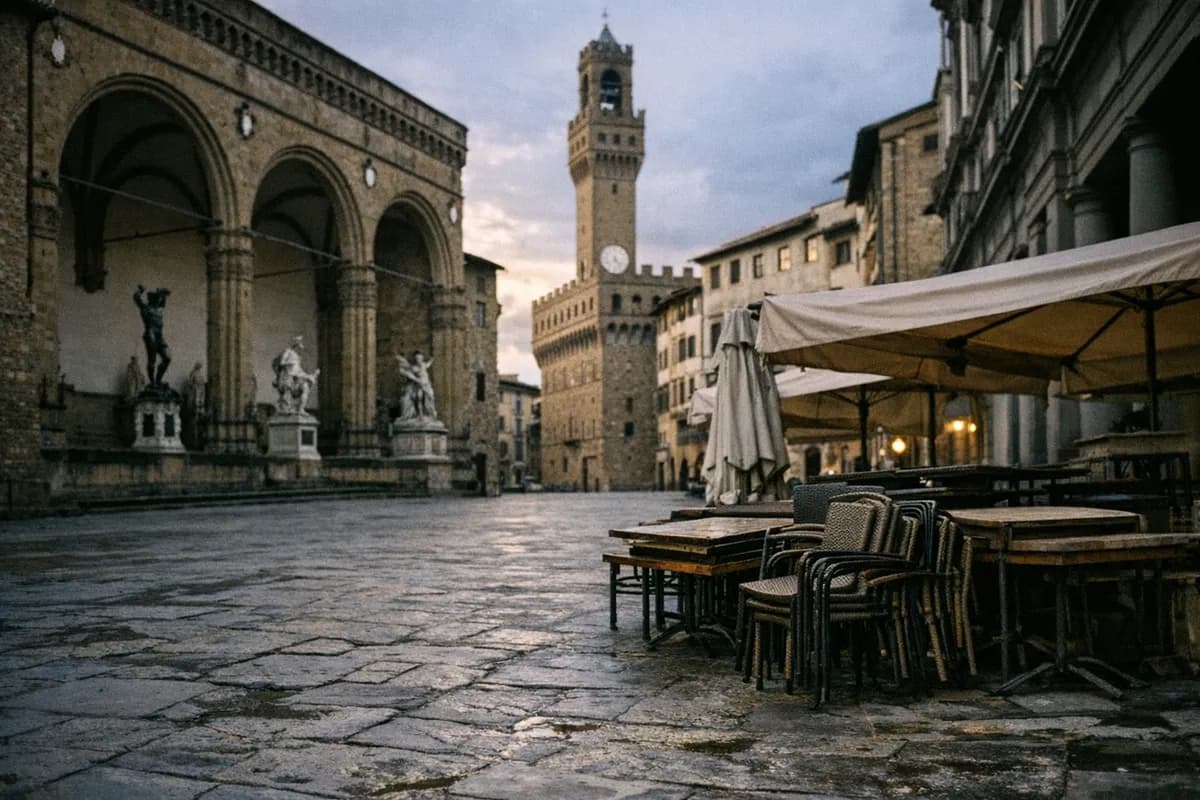 Empty Piazza della Signoria in Florence showing the Loggia dei Lanzi and Palazzo Vecchio with closed café tables and stacked chairs.