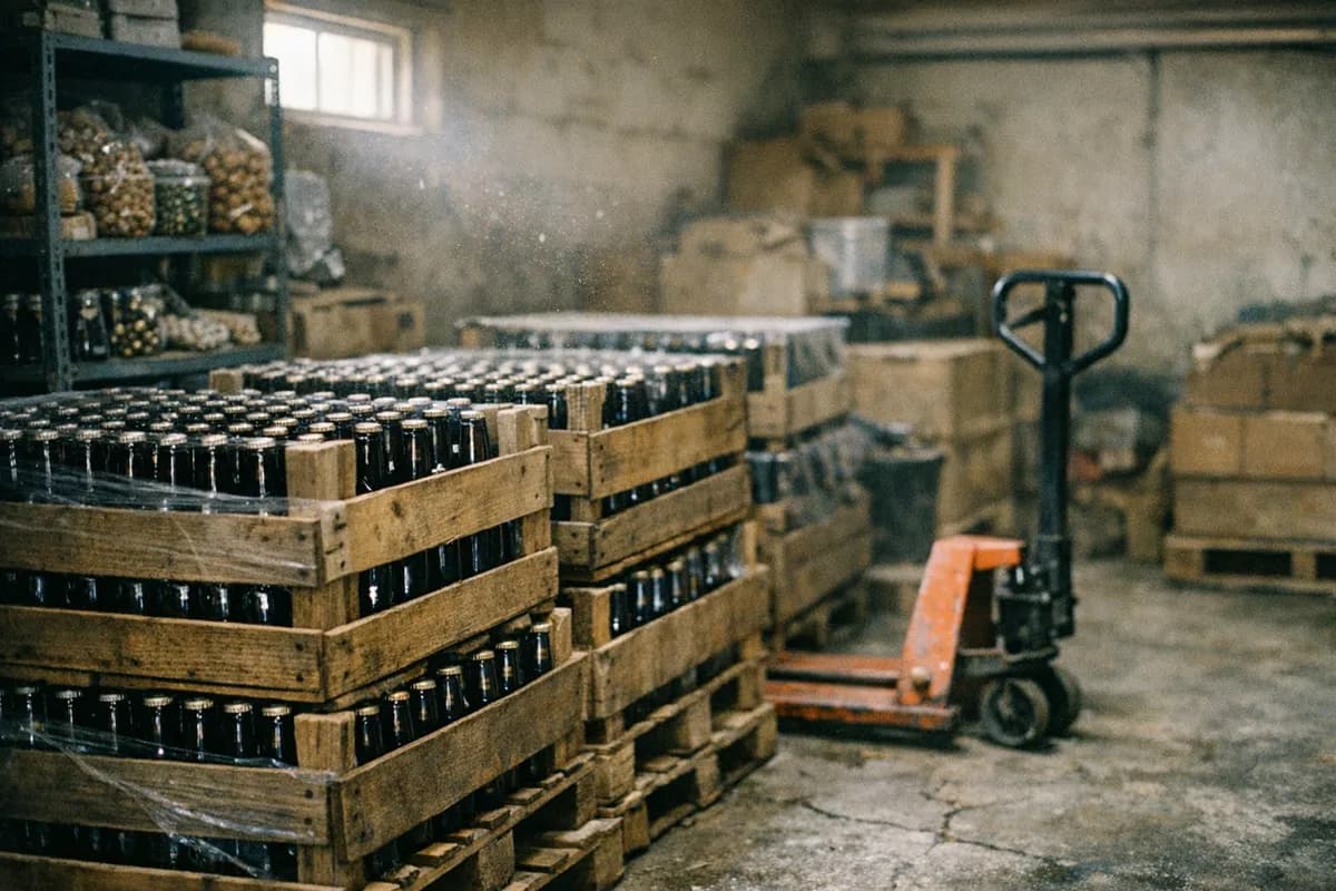 Storeroom in a Barcelona neighbourhood bar with stacked wooden crates of sealed bottles and a pallet jack at rest.