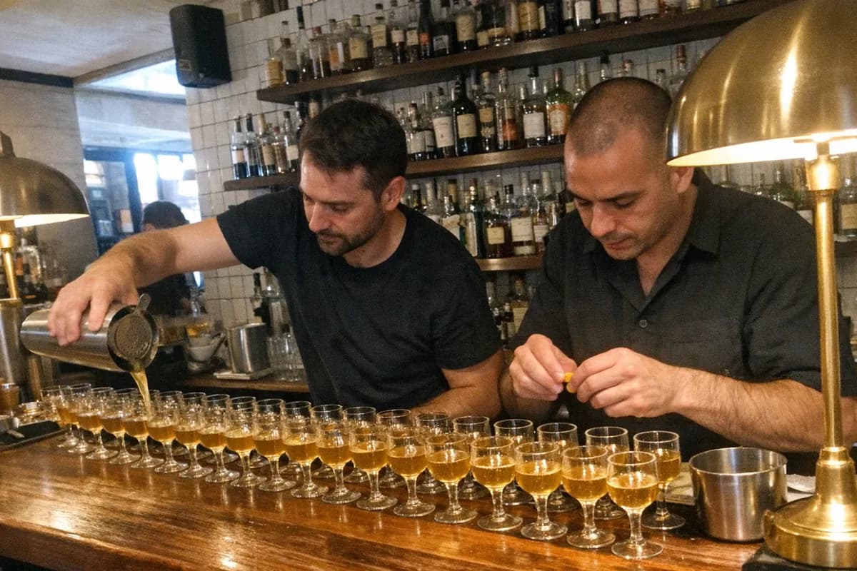 Bartender mid-pour filling small tasting glasses across a long counter at Sips in El Born, Barcelona.