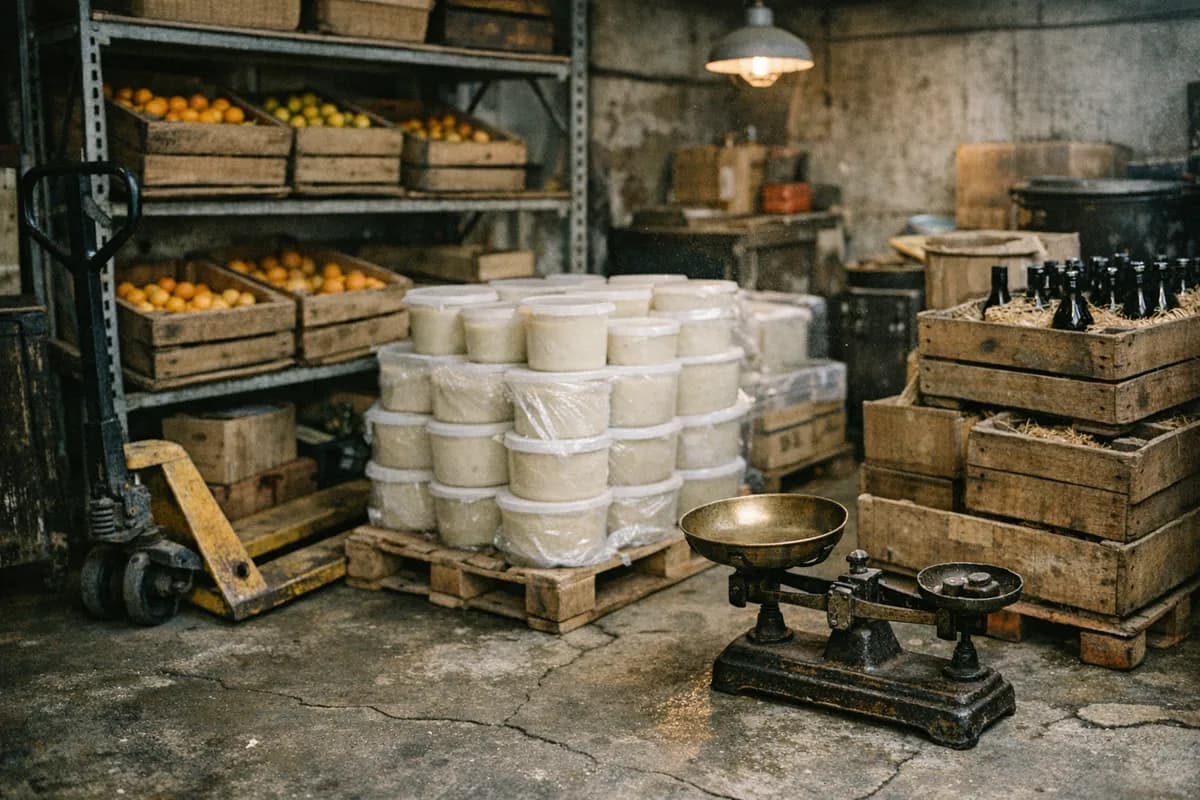 Storeroom shelving in Shoreditch stacked with crates of citrus, tubs of white miso, and wooden spirit cases.