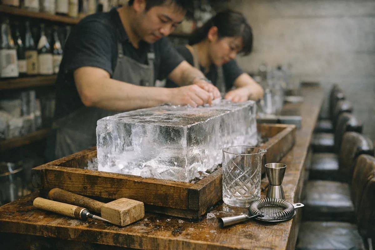 Clear ice block on a wooden trough at Waltz with ice tools and a mixing glass, bartender forearms blurred in motion.