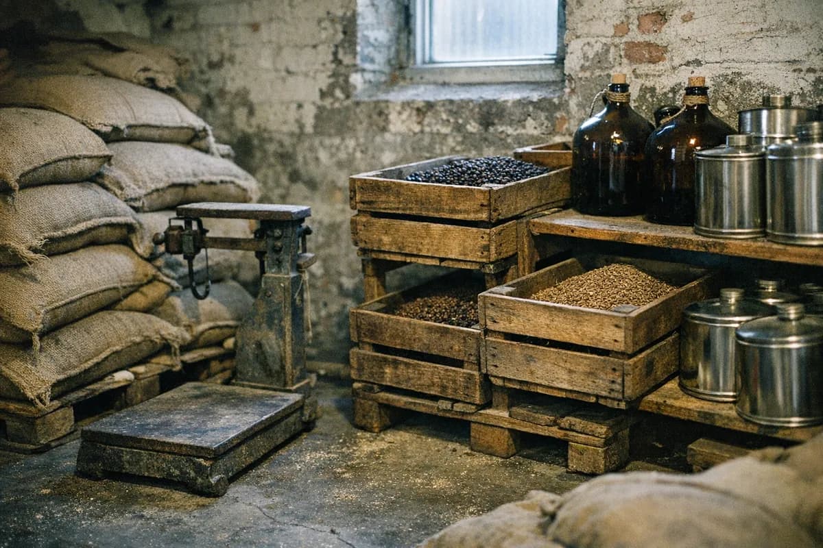 Stacks of jute sacks, wooden crates of dried botanicals and a platform scale at rest in an Oslo micro-distillery storage room.