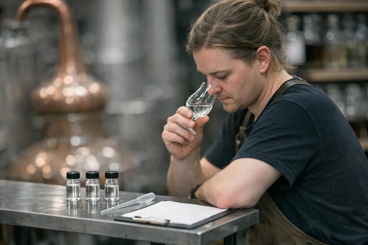 Bartender at Himkok in Oslo tasting house-distilled spirits from a tulip glass with sample vials and a pipette on the bench.