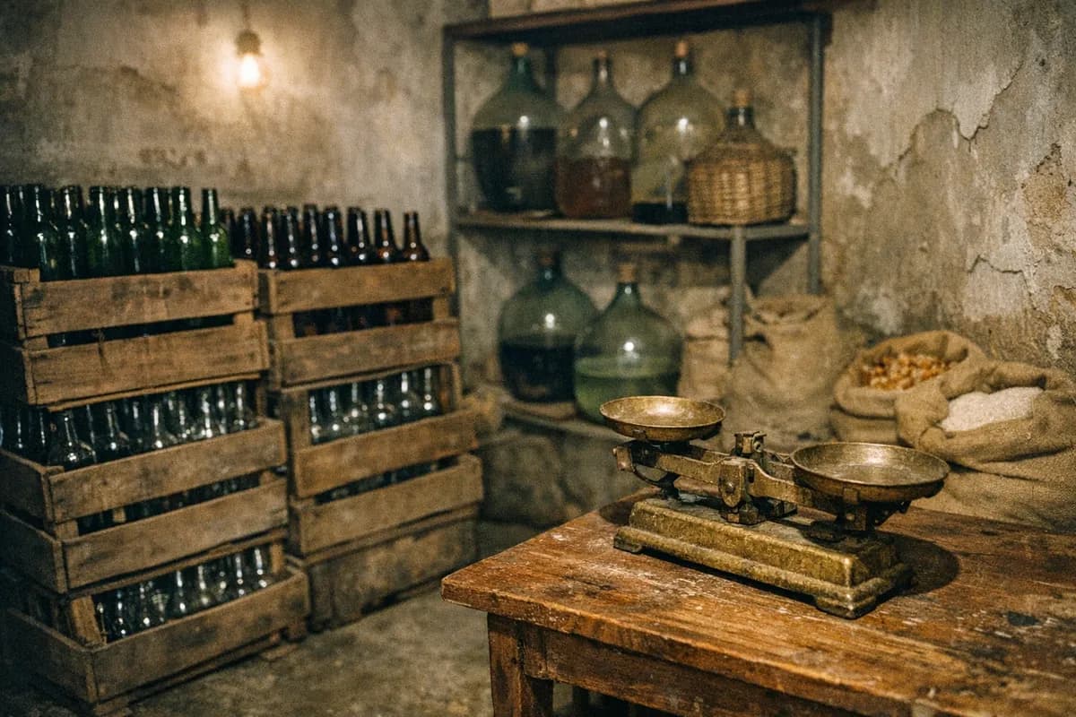 Backstock room of a Barcelona speakeasy with stacked wooden crates, glass bottles and a scale at rest.