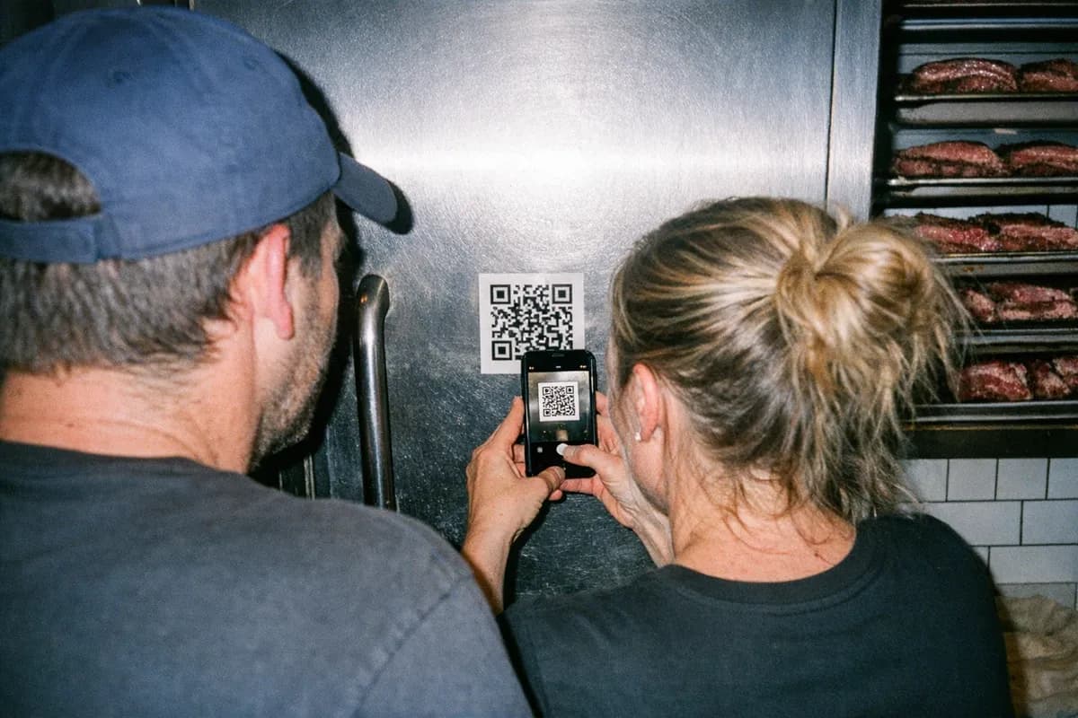 Hands scanning a QR code on the stainless refrigerator door at Paradiso's pastrami shop entrance in Barcelona.