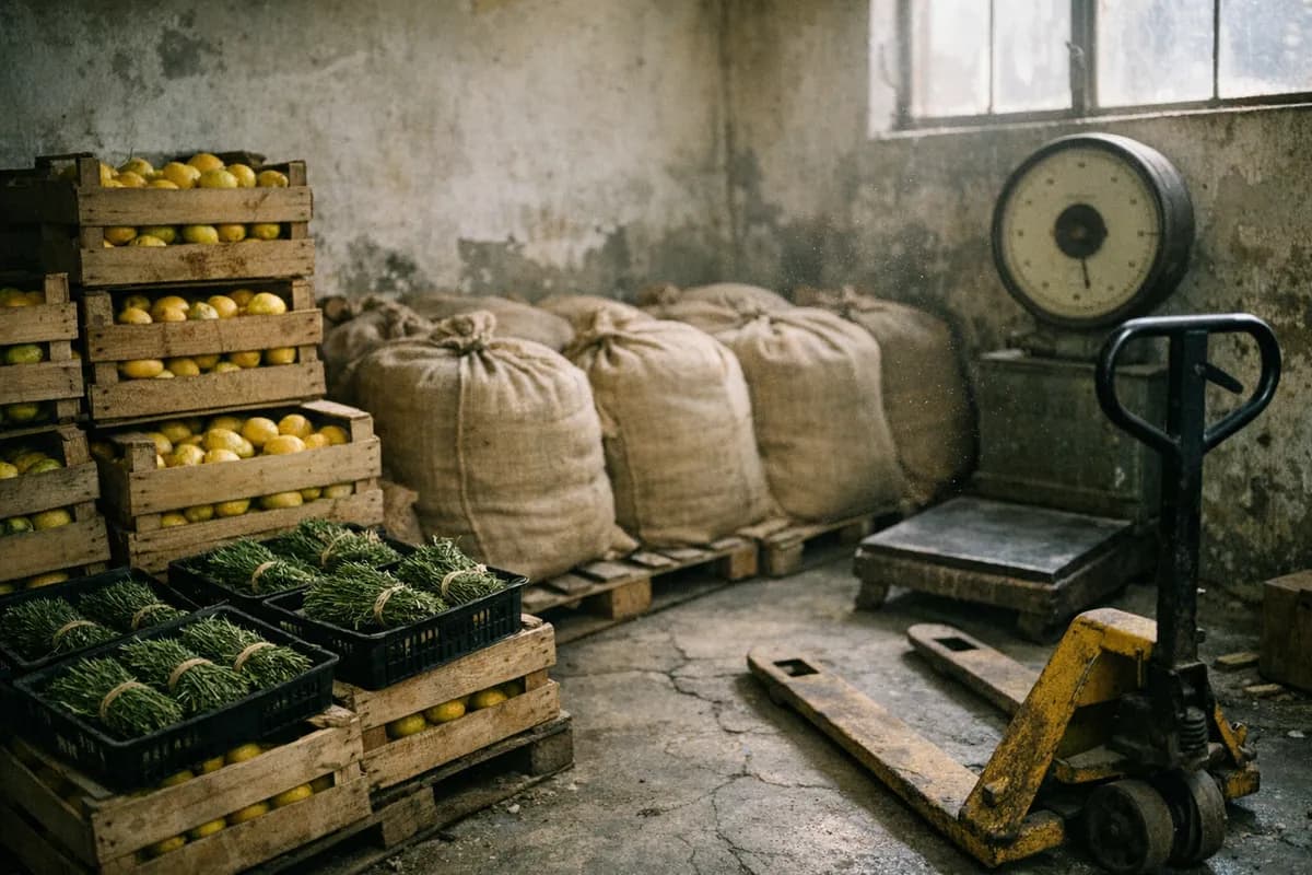 Stacked wooden crates of lemons and bundled rosemary with jute sacks and a hand scale in a supplier storeroom in Trastevere, Rome.