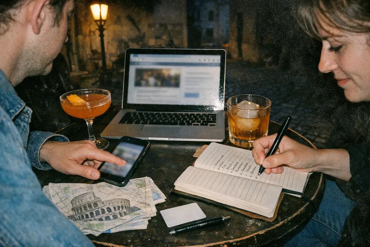 Two professionals at a small table in Monti planning a Drink Kong reservation with a laptop, smartphone, and two cocktails.