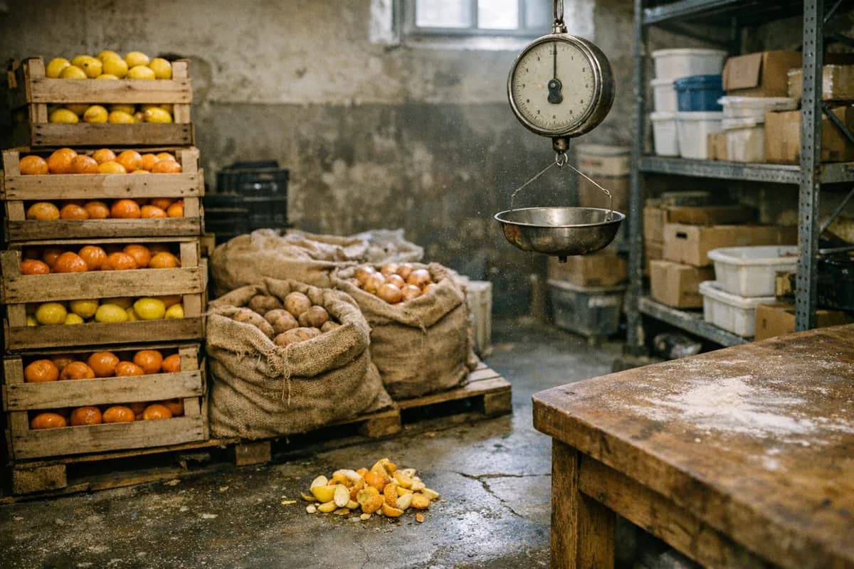 Crates of lemons and jute sacks of produce stacked on shelving in Rita's back storeroom, Navigli, Milan.