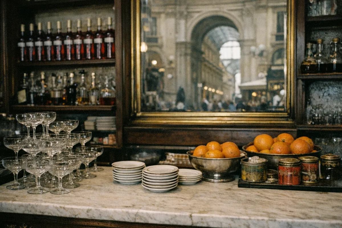 Empty back-bar at Camparino in Galleria showing Campari bottles, stacked glassware and bowls of citrus on a marble counter.