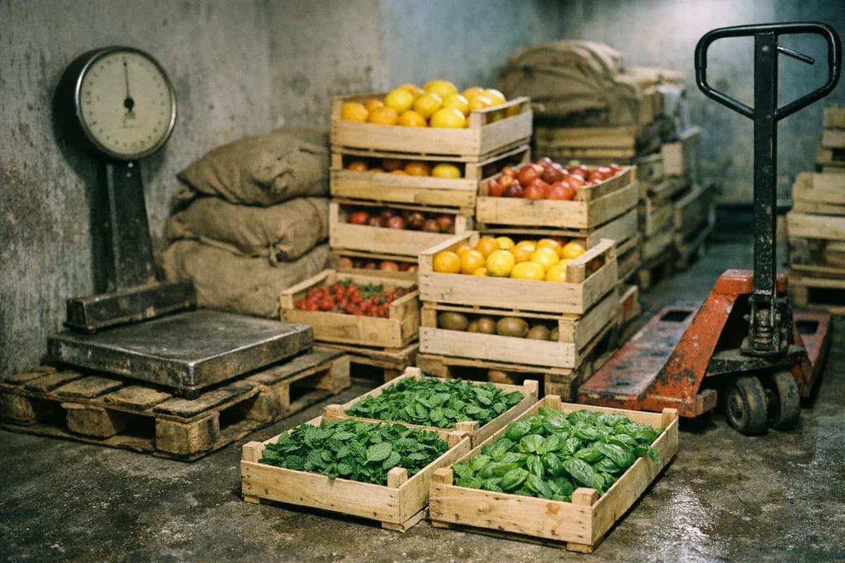 Stacked wooden crates of citrus and crates of washed herbs on a concrete loading bay inside a Paris cold-store back room, with an analogue platform scale and a parked pallet truck at rest.