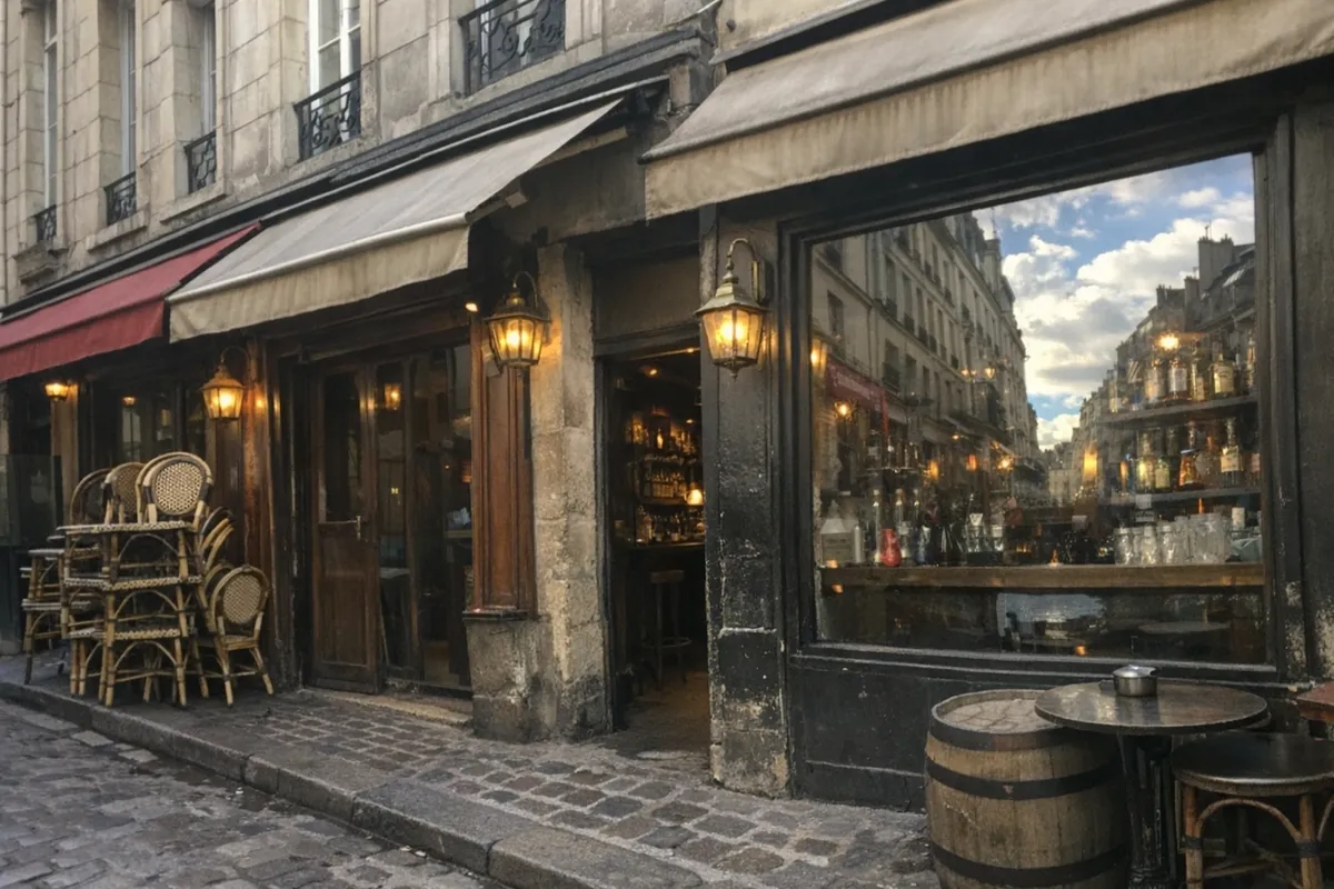 Empty Le Marais street in Paris showing narrow cobbled road, Haussmann facades, low awnings and stacked café chairs outside small bar frontages.